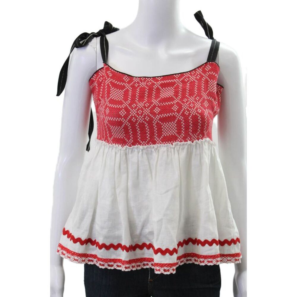 Devotion Women Red Linen Geometric Scoop Neck Camisole Sleeveless Size S